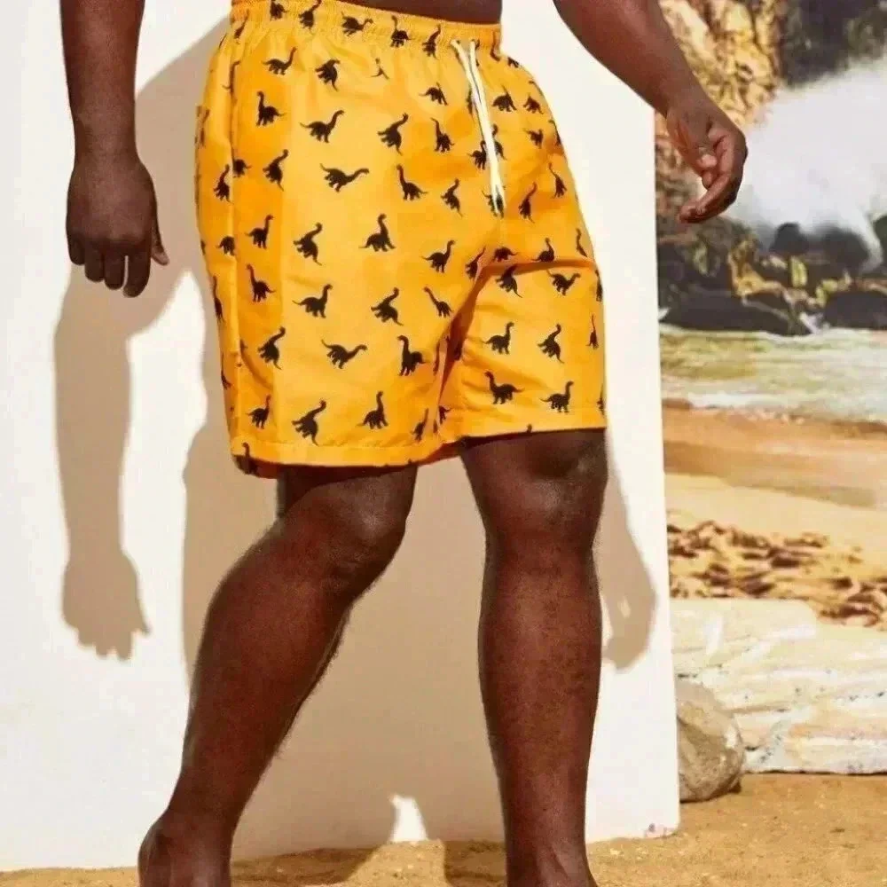 Yellow Vacation Style Men's Dinosaur Print Swim Trunks